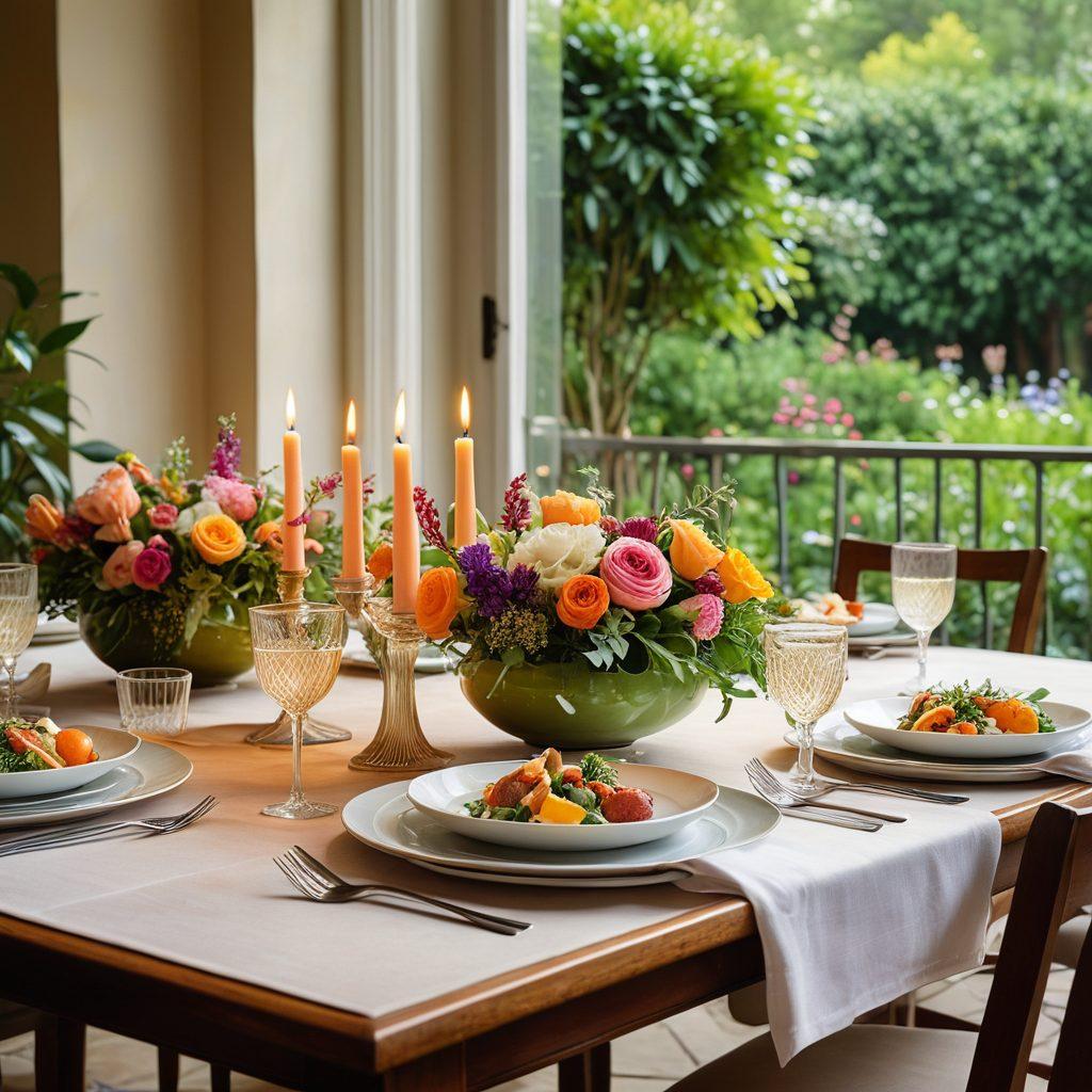 A beautifully set dining table adorned with elegant dishes, colorful gourmet food artfully arranged, and soft candlelight creating a warm ambiance. In the background, a serene outdoor garden with lush greenery and blooming flowers, symbolizing a connection to nature. Add a hint of a laptop with an open blog website on the table, blending modernity with classic dining elegance. watercolor painting. vibrant colors.