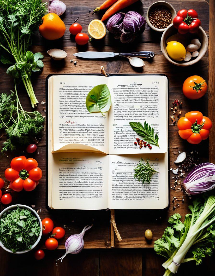 A beautifully arranged digital diary spilling colorful handwritten recipes onto a wooden kitchen table, surrounded by fresh ingredients like herbs, spices, and vegetables. The background features a warm, inviting kitchen with hints of sunlight streaming in. Make the scene feel vibrant and homely, capturing the essence of a blogging journey in food. super-realistic. vibrant colors. warm tones.