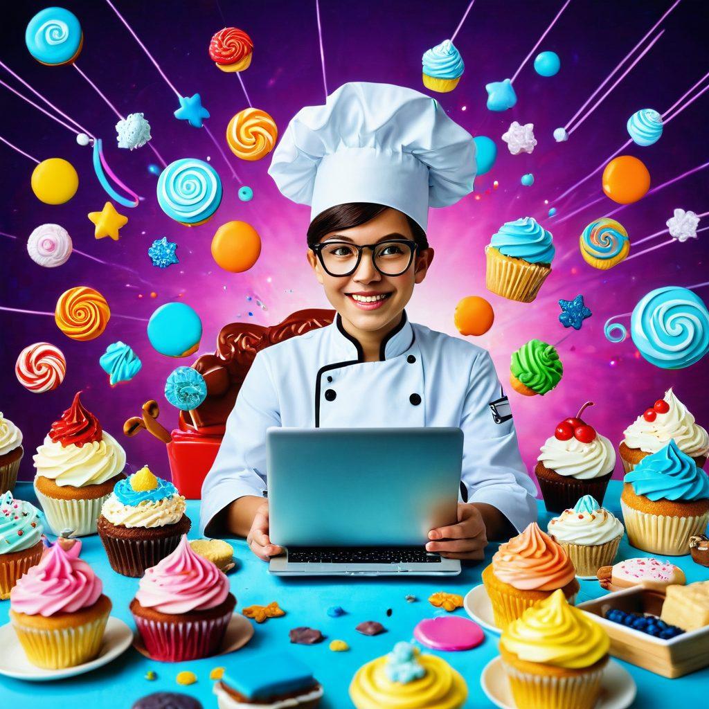 A whimsical scene showcasing a digital world made of delectable treats, where blogs are represented as colorful cupcakes and cookies, each with vibrant icing and toppings. Technology elements like tablets and laptops are integrated into the dessert landscape, surrounded by a sparkling, ethereal background representing the internet. A joyful character dressed as a chef is crafting new blog ideas while savoring digital delights. This fantasy setting invites viewers to explore the tasty journey of blogging. vibrant colors. whimsical art. 3D.